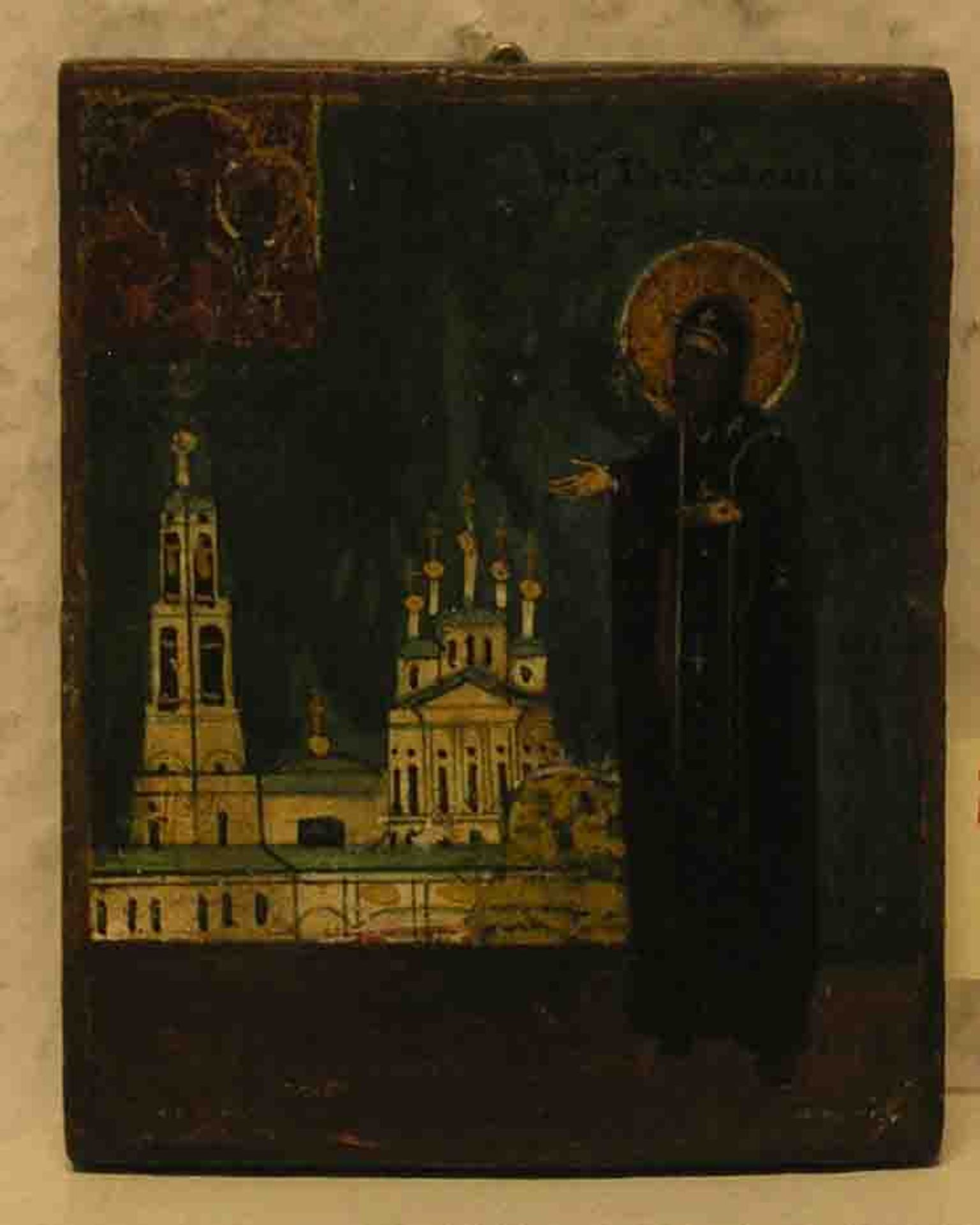 Reiseikone "Heiliger mit Kirche". Russland, 19. Jh., Tempera/Holz, 9 x 7cm.