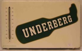"Underberg". Emailschild, 38 x 63cm. Kleiner Kratzer, Thermometer unbeschädigt.