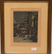 Eckert: "Verschneiter Marktplatz". Radierung, signiert, 24 x 19cm, Rahmen mit Glas.