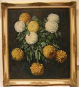 "Stillleben mit Chrysanthemen". Öl/Lwd., unleserlich signiert, 1963, 85 x 74cm, Rahmen.