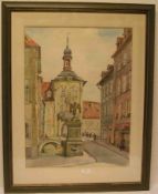 Bamberg: "Blick auf das Alte Rathaus". Mit Personenstaffage. Aquarell von Josef Metzner,signiert