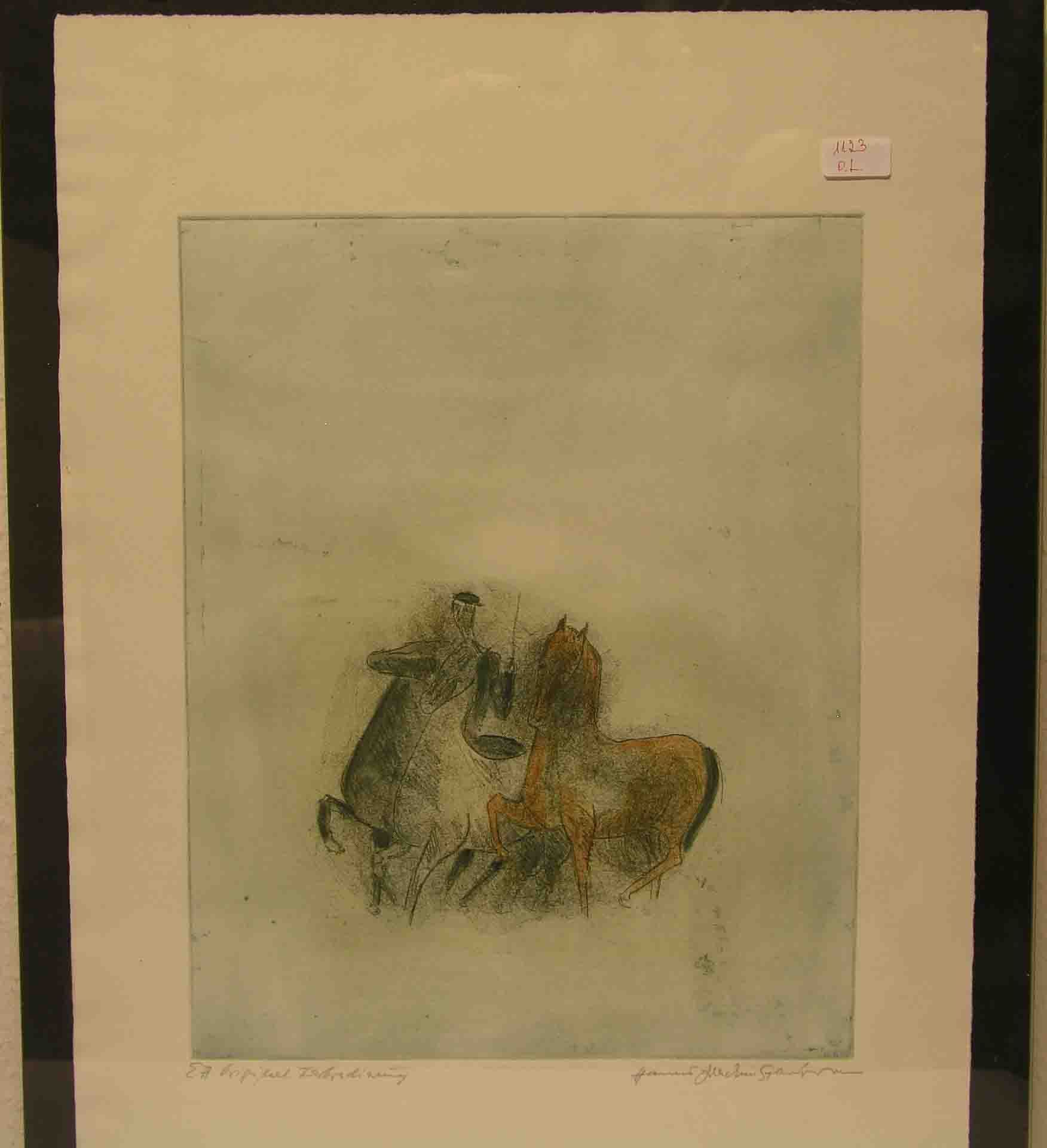 "Reiter mit zwei Pferden". Farbradierung, unleserlich signiert, 50 x 38cm.