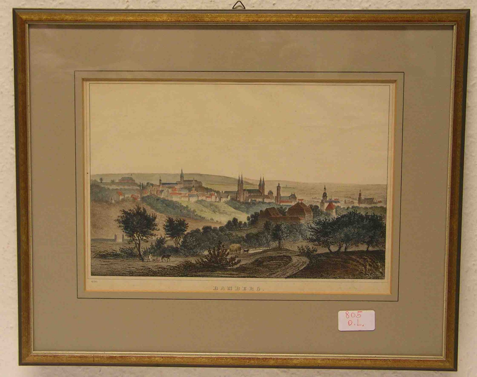 "Bamberg". Blick auf die Stadt. Kolorierte Federlithografie, 20 x 31cm. Rahmen mit Glas.