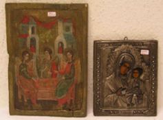 Zwei neuzeitliche Ikonen: "Muttergottes mit Kind", Metalloklad, 17 x 14cm und "DreiErzengel", 26 x