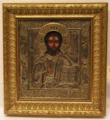 "Christus Pantokrator". Ikone. Russland. Mit Metalloklad, neuzeitlich. 30 x 27cm, Rahmen.