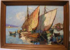 Lapchine, G. (1885 - 1950/51) zugeschrieben: "Segelboote im Hafen". Öl/Platte, signiert,68 x
