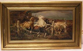 Eberle. Otto: "Fliehende Pferde vor Feuer". Öl/Lwd., signiert, 1927, 23 x 49cm, Rahmen.