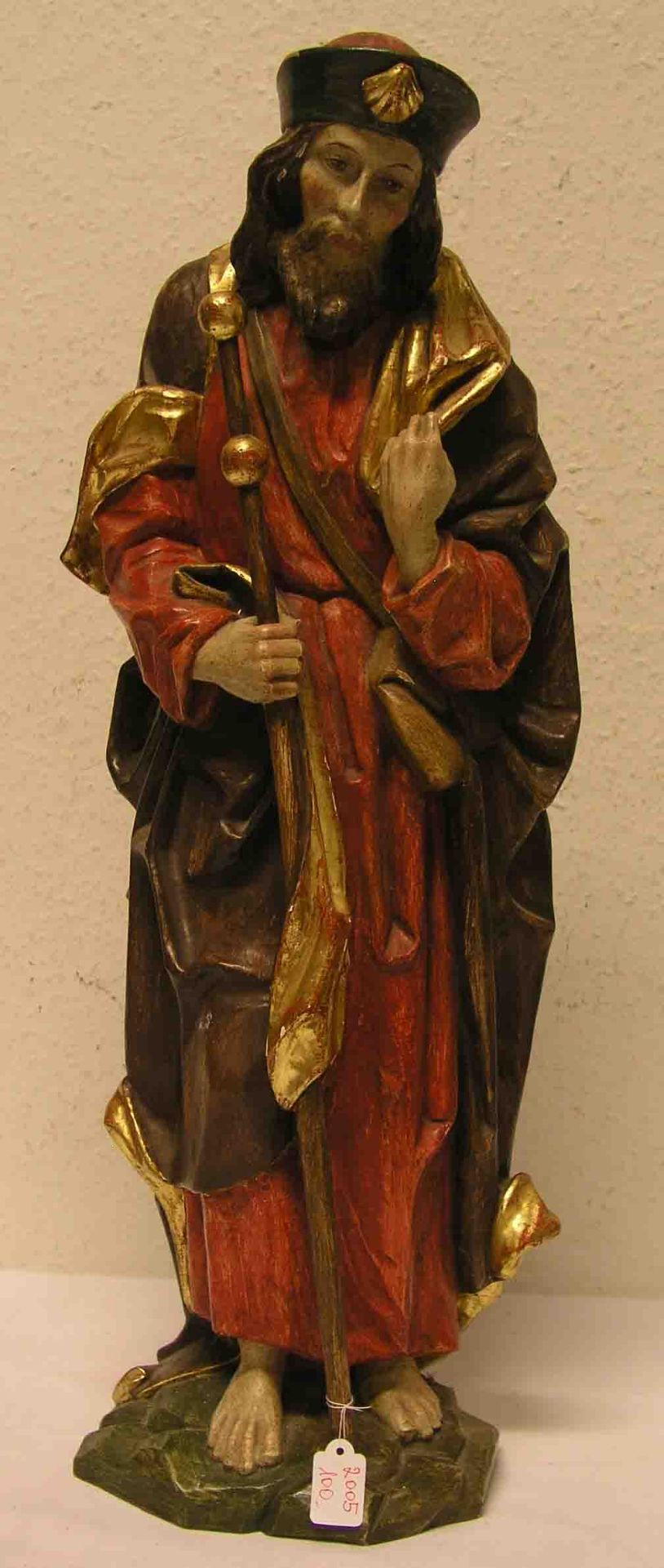 "Hl. Jakobus". Holz geschnitzt, farbig gefasst, Höhe: 61cm.