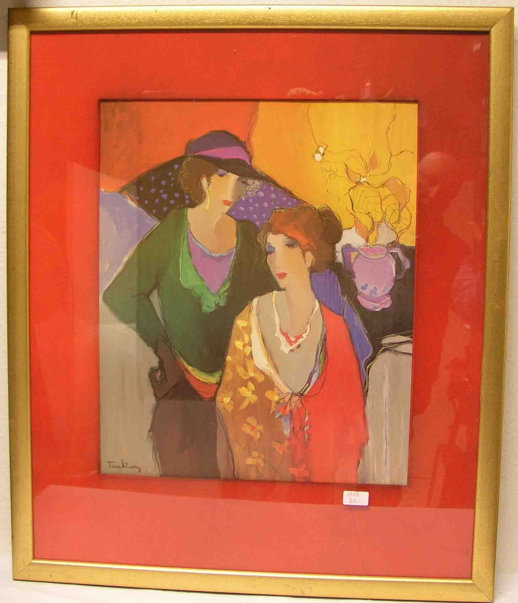 "Zwei mondäne Damen". Farbdruck, 58 x 46cm, Rahmen mit Glas.