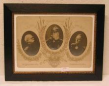 "Die Begründer des Deutschen Reiches" 1871 - 1896. Druck mit drei Portraits, 25 x 36cm,Rahmen mit