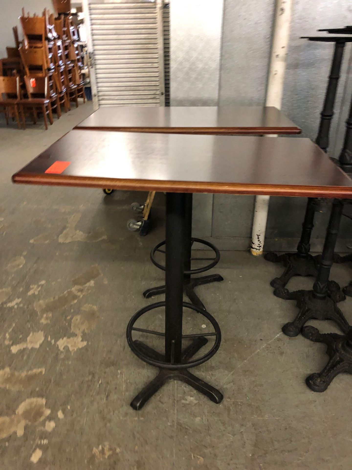 Wood veneer table tops with bar height bases