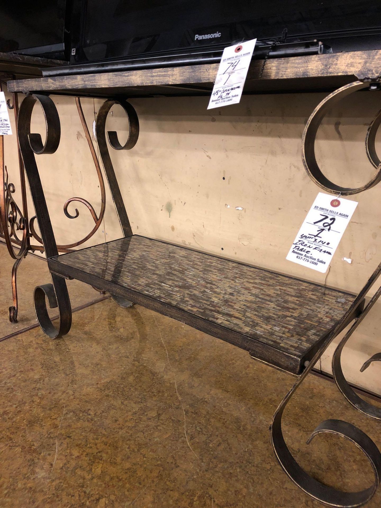 Iron frame table with glass tile inlay