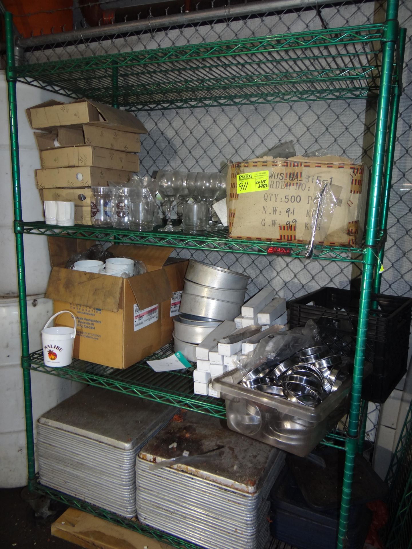 (1) Contents of Rack. Sheet Pans, Sippers, Rum Buckets, Glassware, Stemware, etc.