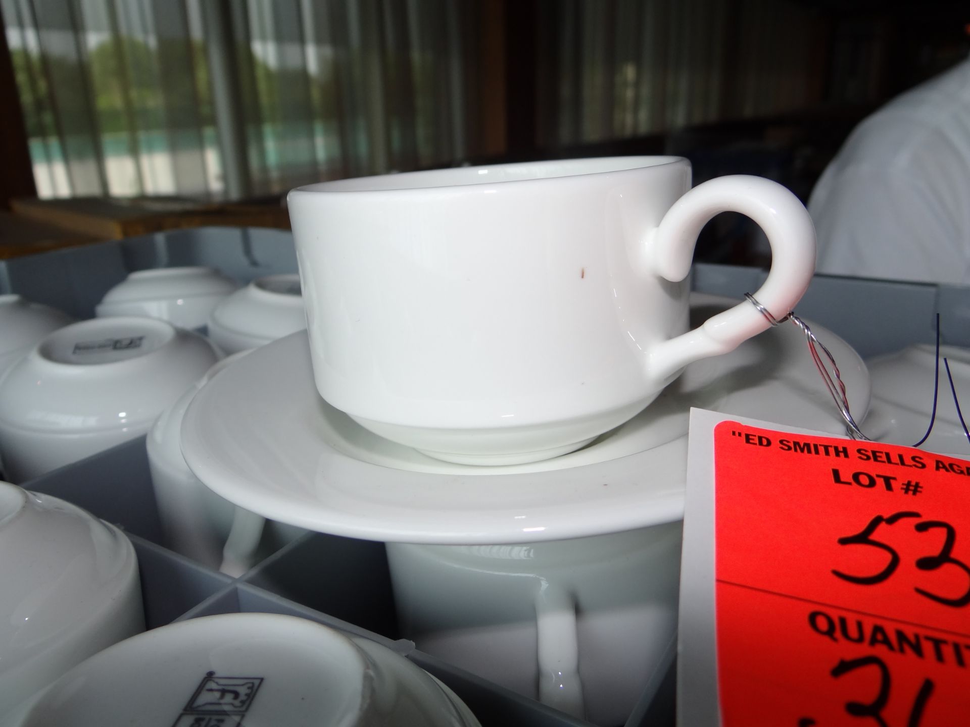 (360) Fortessa White Coffee Cups with Racks and Some Saucers