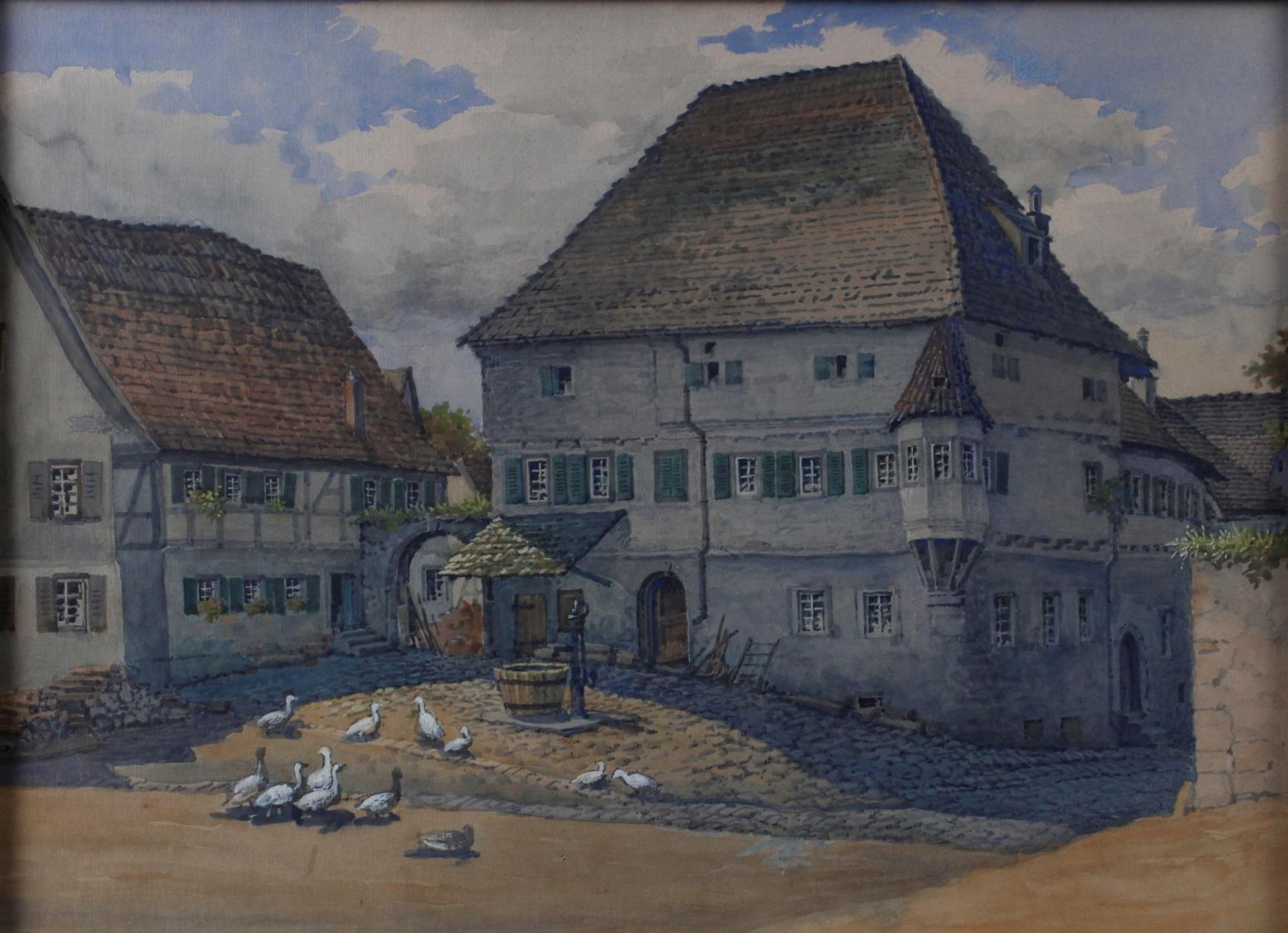 Aquarell-Gemälde „Gutshof mit Enten“ - Bild 2 aus 5