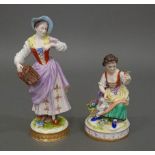 Zwei Porzellanfiguren. "Dame mit Käfig und Vogel" und "Blumenmädchen