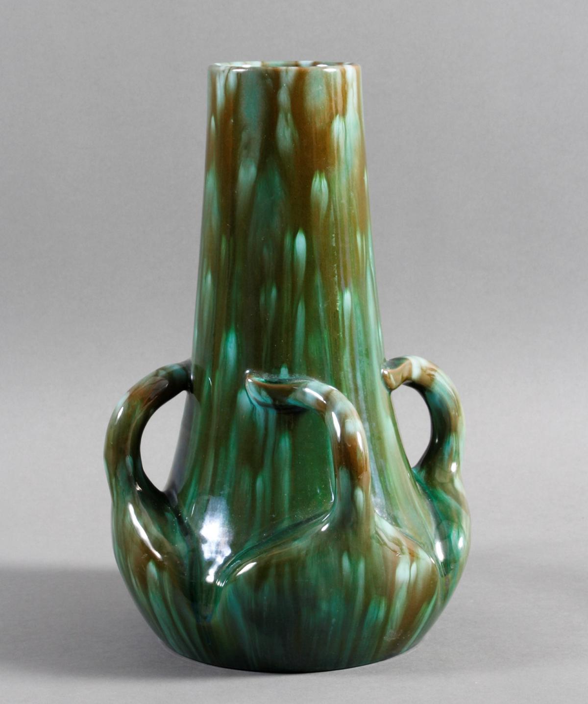 Jugendstil Keramikvase um 1900 mit Grün-bläulich-brauner Laufglasur