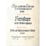 VERLEIHUNGSURKUNDE KREISSIEGER 1939