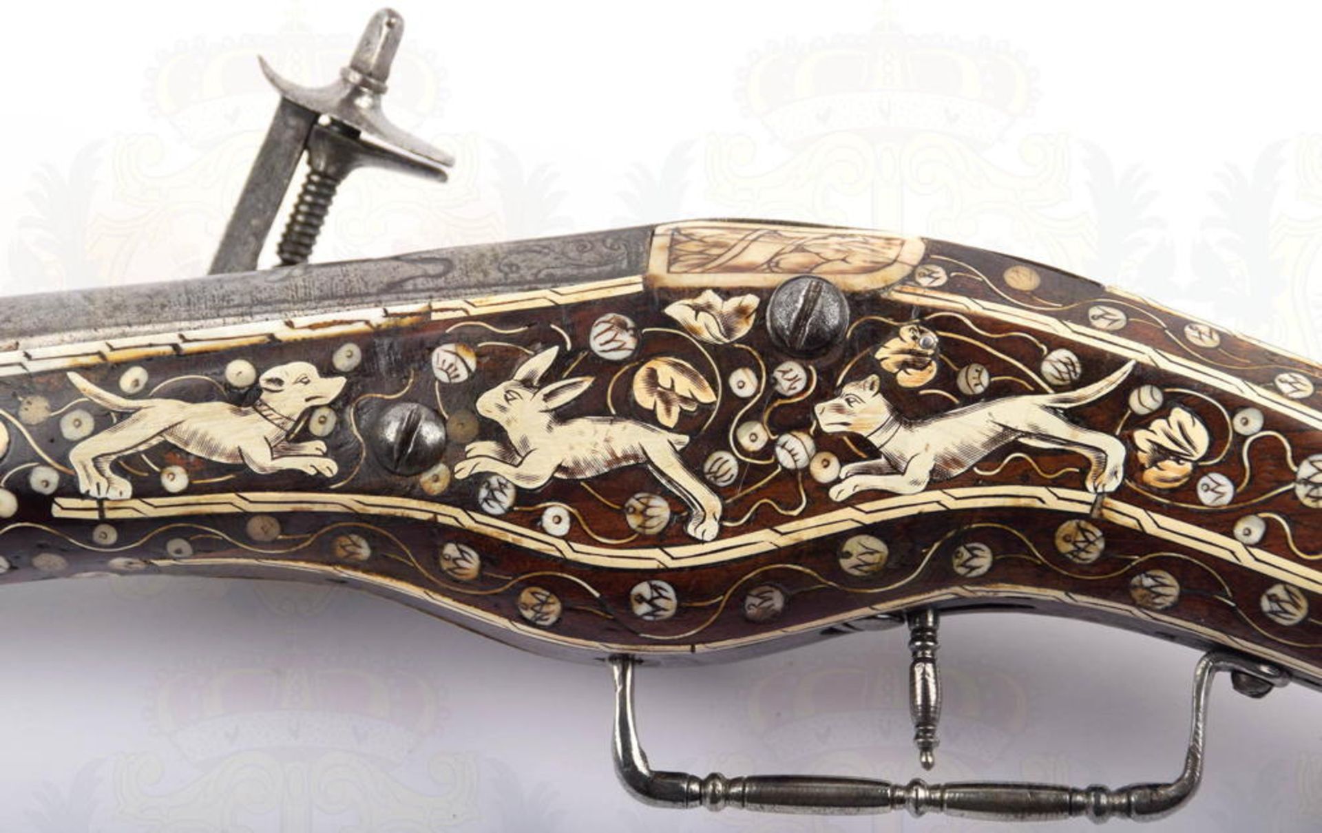 RADSCHLOSSPISTOLE, Luxusausführung um 1700, Rundlauf mit floralen Zierschnitten, ca. Kal. 15,5mm, im - Bild 9 aus 9
