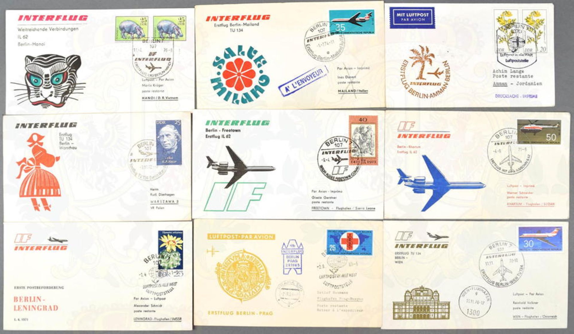 SAMMLUNG INTERFLUG LUFTPOSTBELEGE: 20 Erstflugbriefe, Hinflüge, 1 Beleg 3x, 1963- 1984; 10