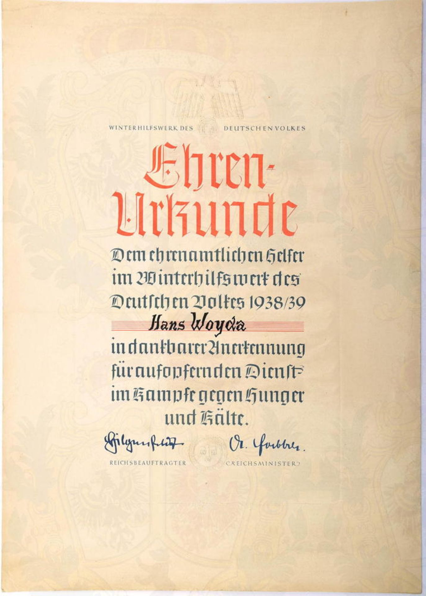 EHRENURKUNDE EHRENAMTLICHER HELFER DES WHW, für aufopfernde Dienste im WHW 1938/1939, farbige Vordru