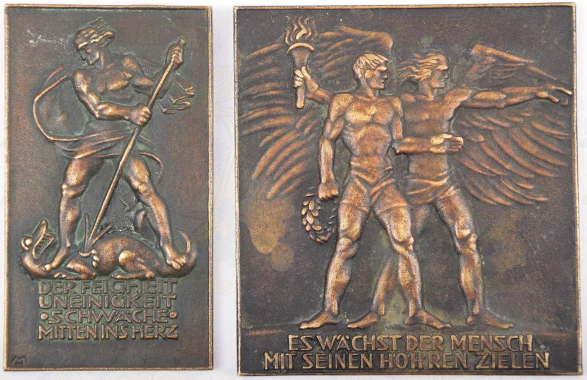 2 SIEGERPLAKETTEN, m. Sign. v. Heinrich Moshage, Bronze/patiniert, Westdeutscher Spielverband E.V. L