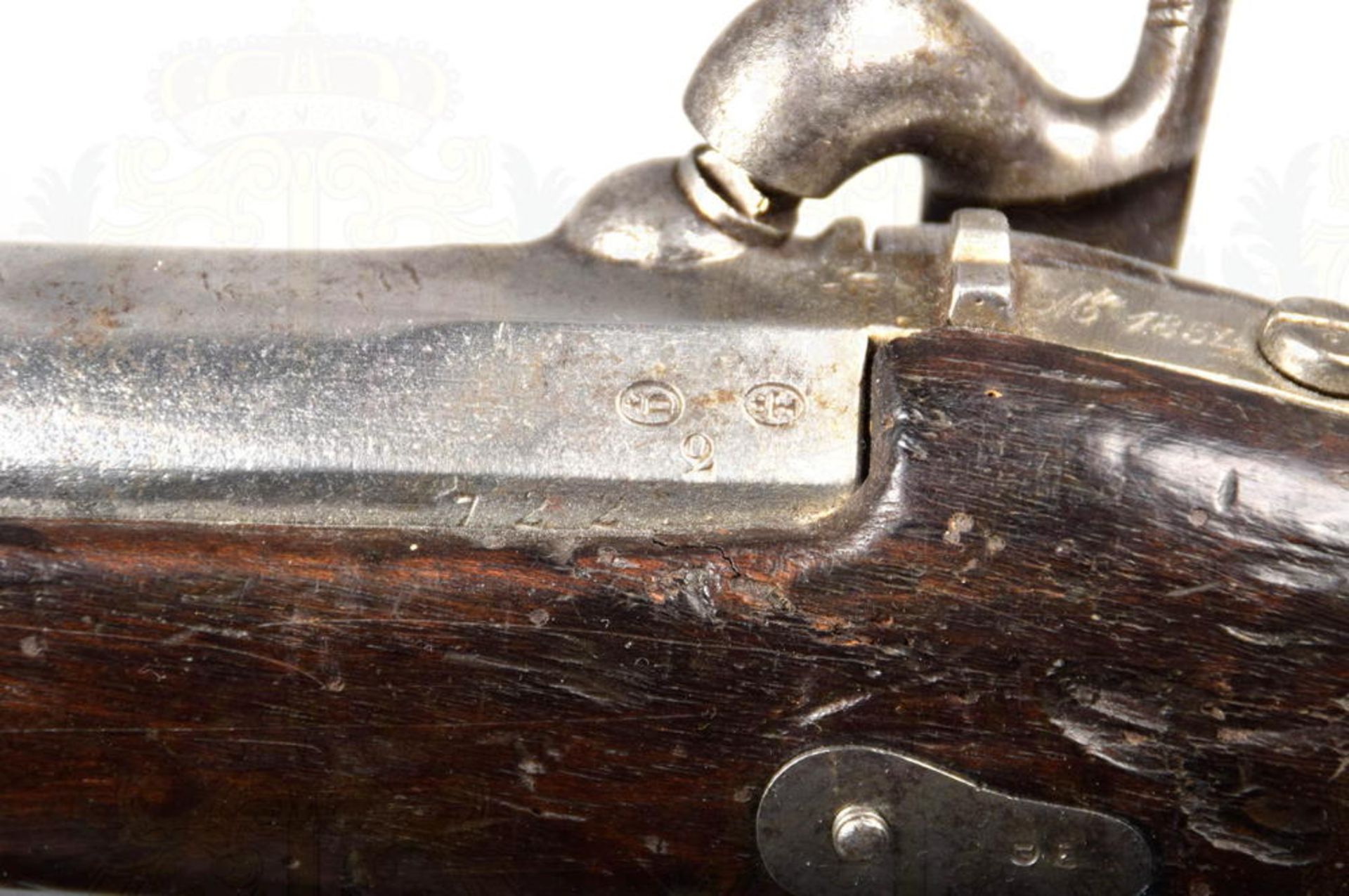 GENDARMERIE-MUSKETON M 1854 MIT BAJONETT, glatter Rundlauf, ca. Kal. 17,5mm, Messingkorn, eiserne - Image 8 of 10