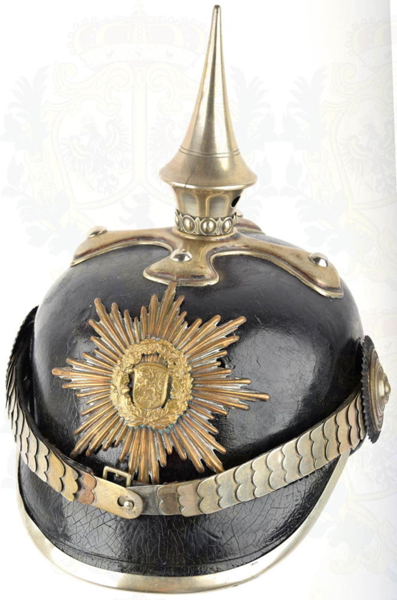 HELM FÜR FEUERWEHR-KOMMANDANTEN, Land Thüringen bis 1936, Pickelhaube um 1910, Lederglocke m.