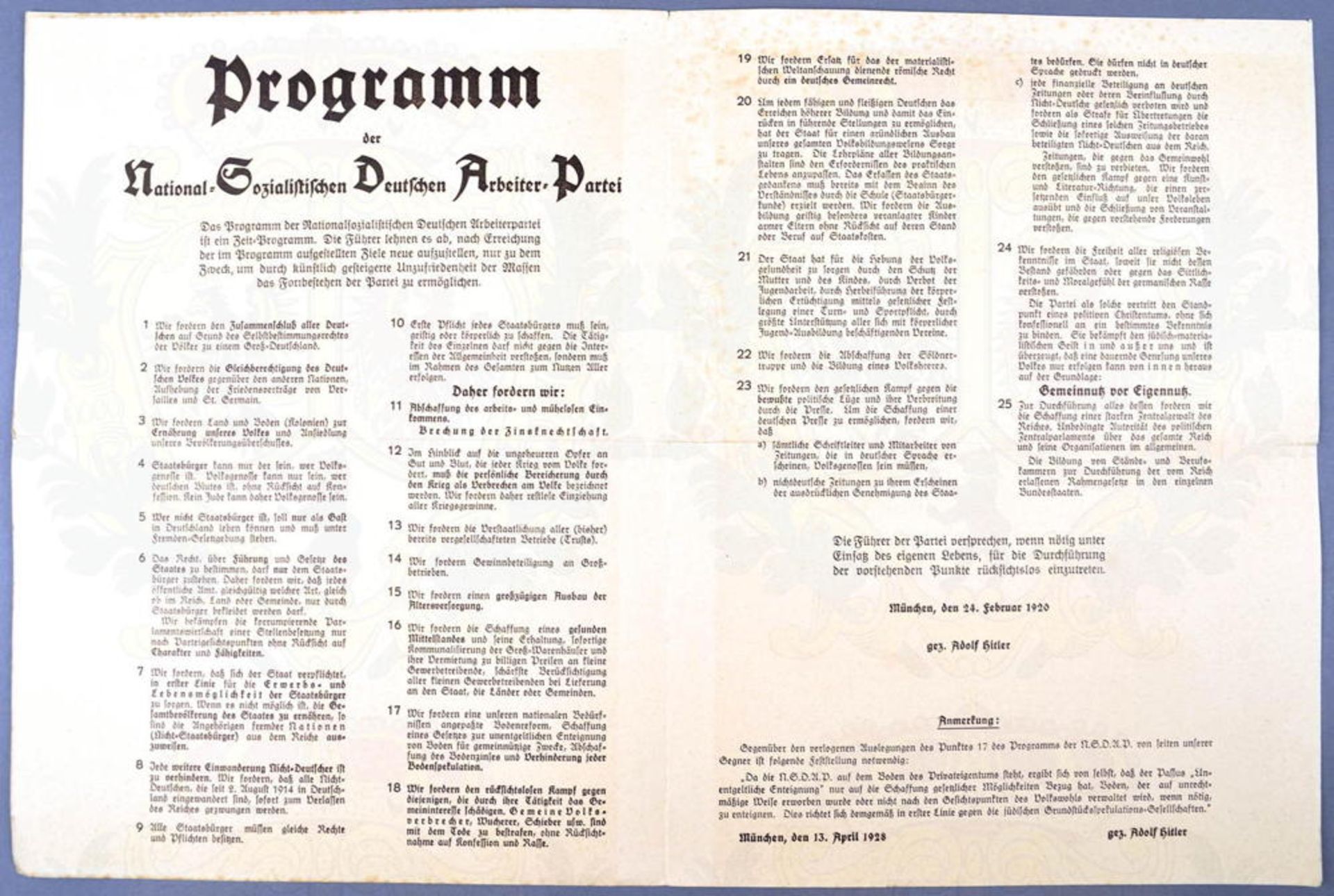 PROGRAMM DER NSDAP 1928, Verlag Kanzler Berlin, großf. Doppelblatt m. Hitlerportrait, 3 Kampfliedern - Bild 2 aus 2