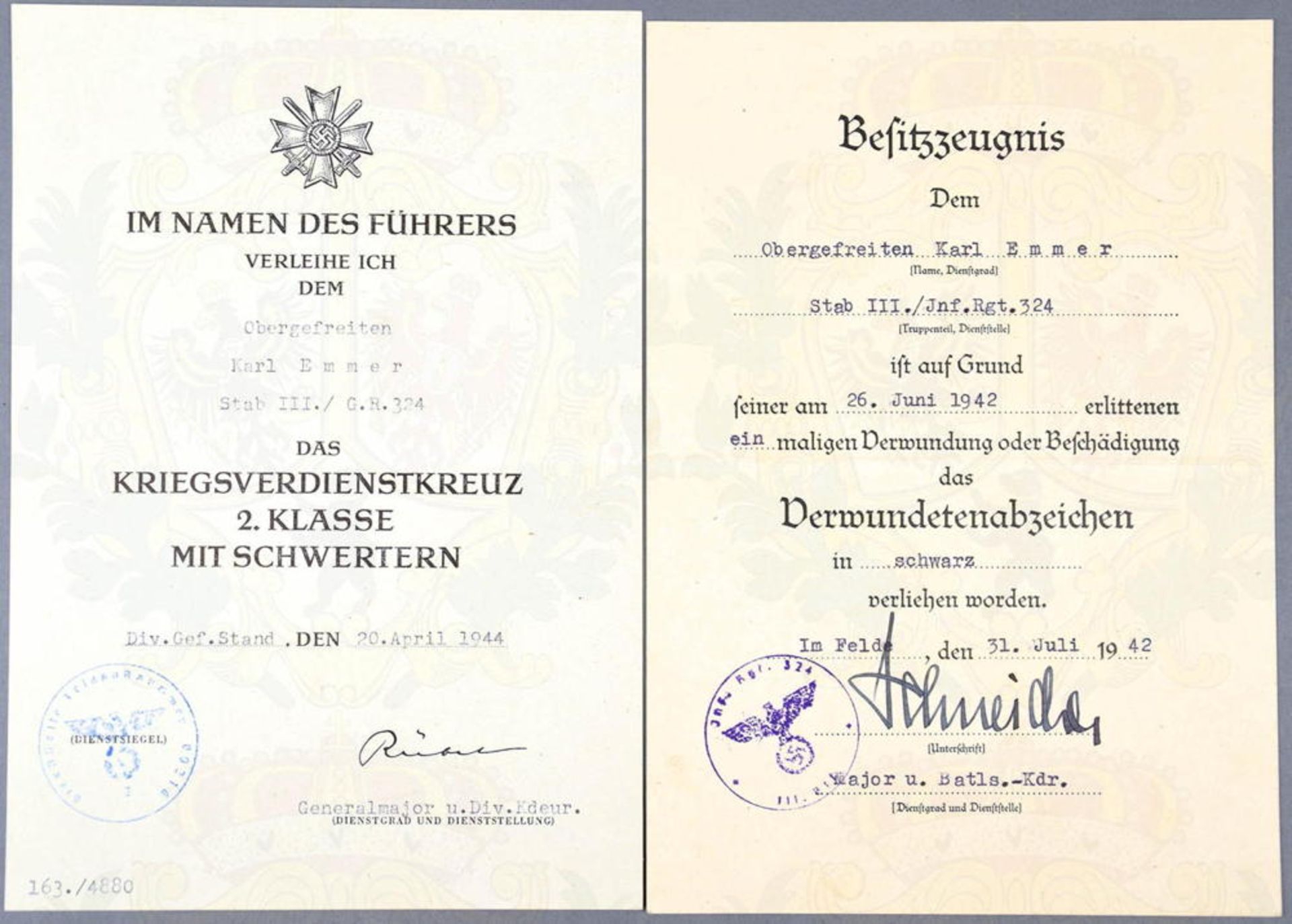 URKUNDENGRUPPE OBERGEFREITER, Inf.-Rgt. 324: VU Verwundetenabzeichen in Schwarz, 31.7.1942,