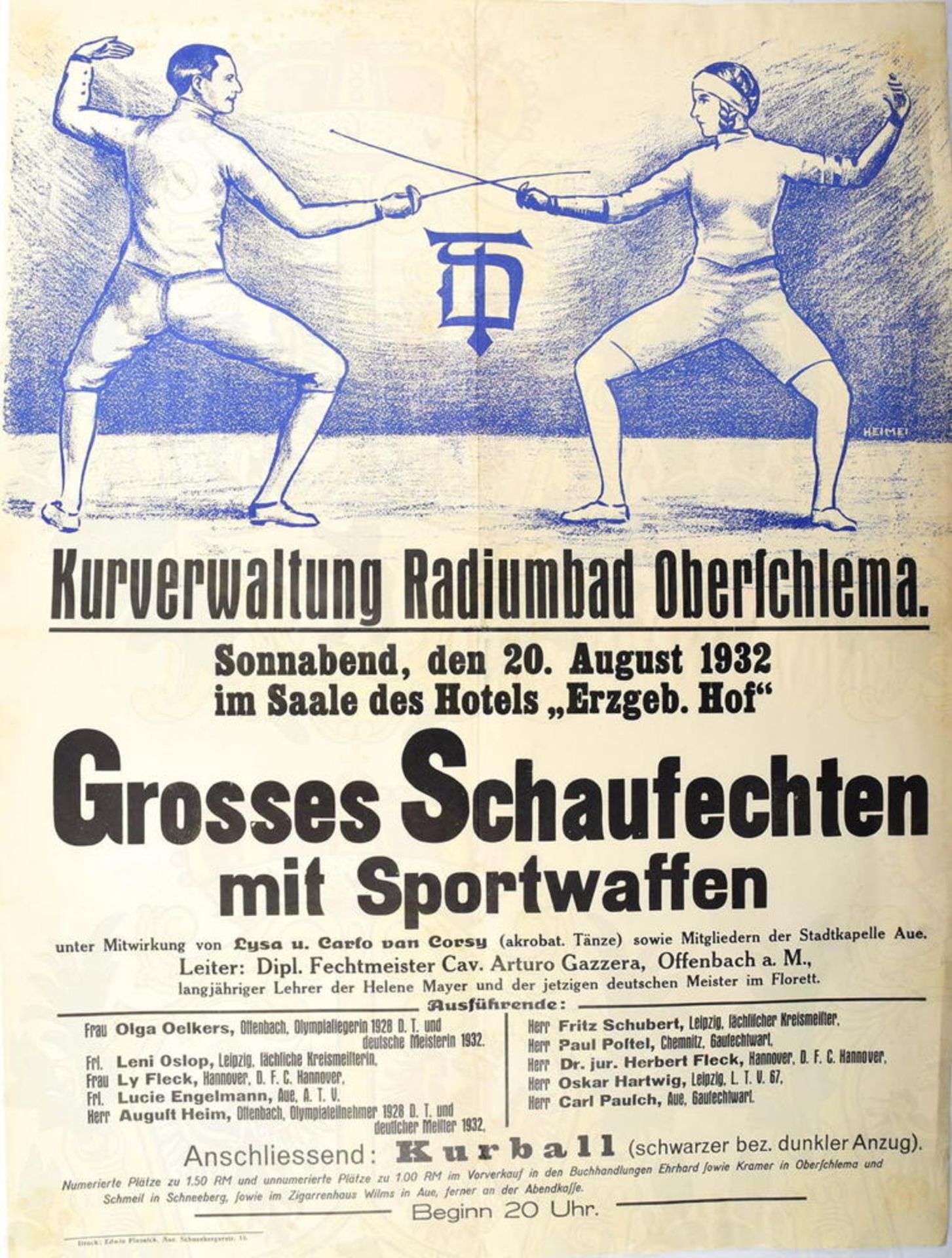 PLAKAT GROSSES SCHAUFECHTEN 1932, Kurverwaltung Radiumbad Oberschlema, 20. Aug. 1932 im Saal d.