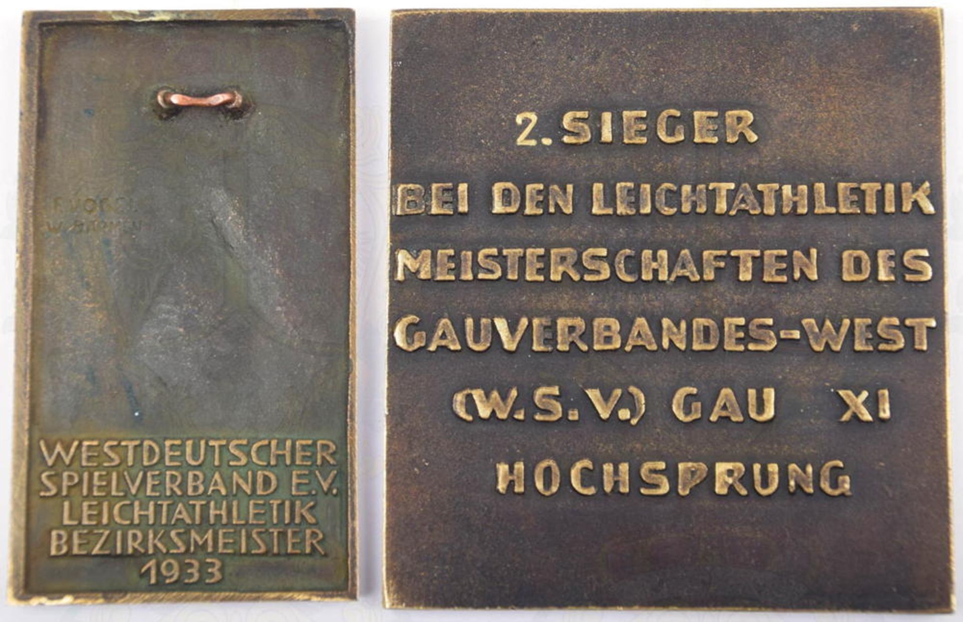 2 SIEGERPLAKETTEN, m. Sign. v. Heinrich Moshage, Bronze/patiniert, Westdeutscher Spielverband E.V. L - Bild 2 aus 2