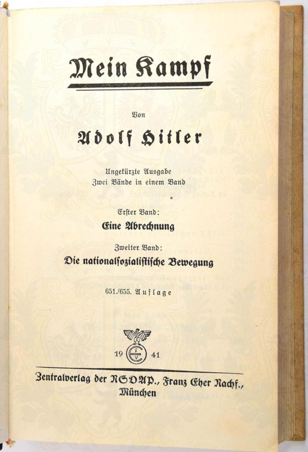 MEIN KAMPF, A. Hitler, Hochzeitsausgabe, Eher-V. 1941, 1 Portr., 781 S., Halbleder m. Rückenvergoldu - Bild 2 aus 4