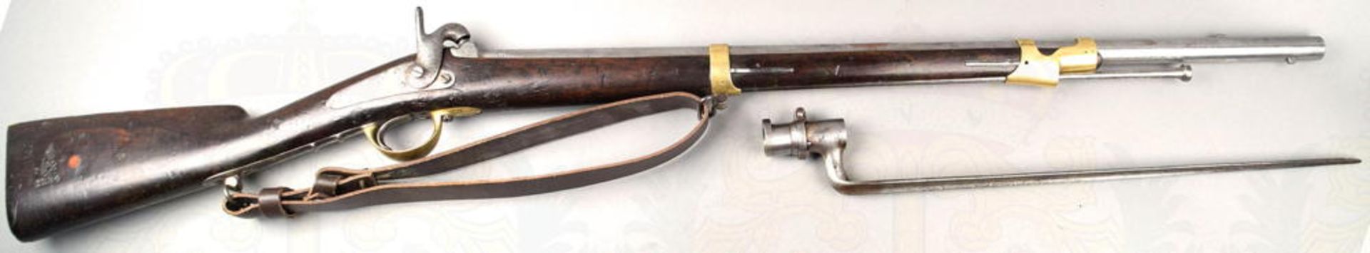 GENDARMERIE-MUSKETON M 1854 MIT BAJONETT, glatter Rundlauf, ca. Kal. 17,5mm, Messingkorn, eiserne