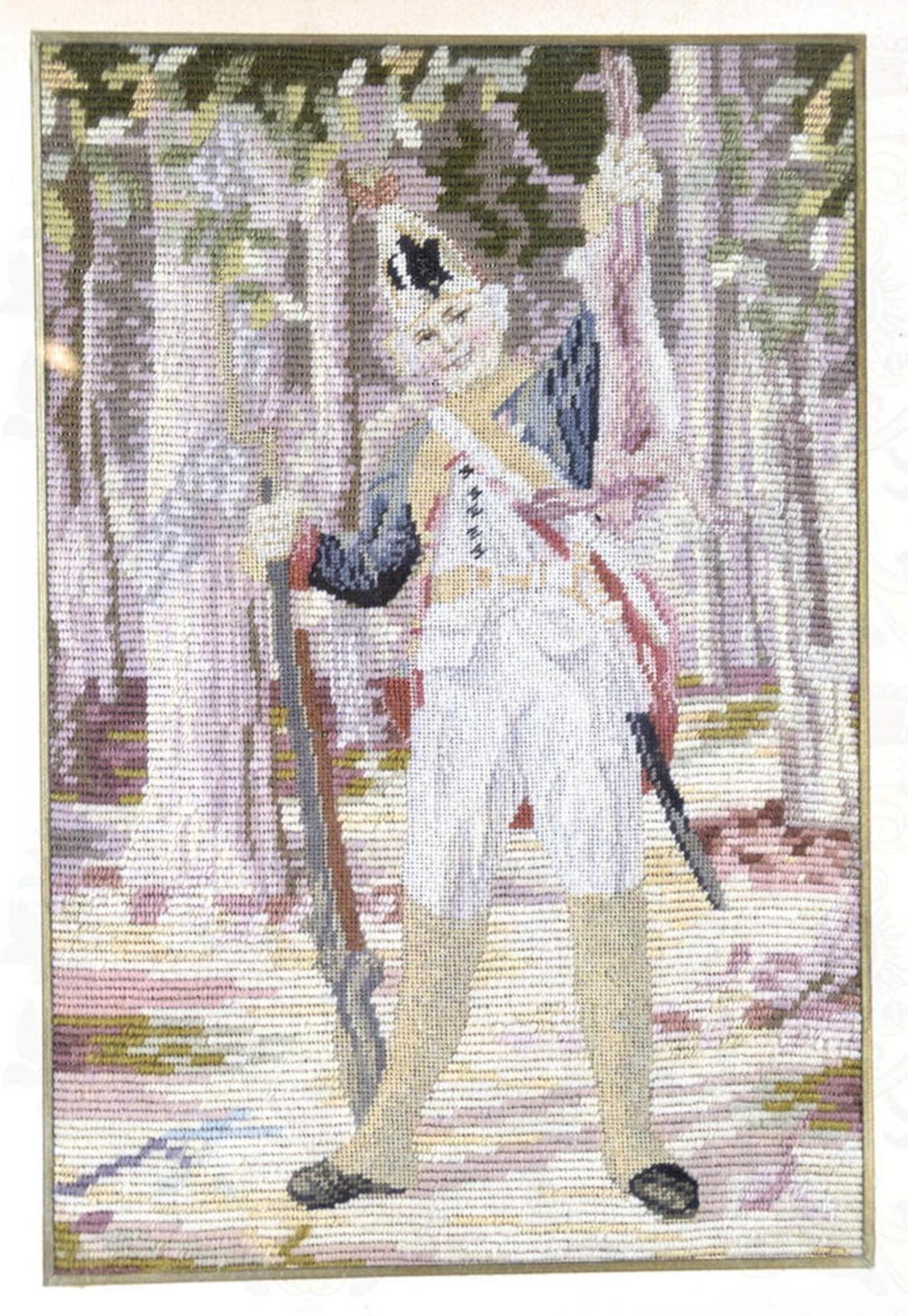 UNIFORMBILD ALTPREUßISCHER GRENADIER, farb. Gobelingewebe, Darstellung um 1760 mit erlegten Hasen, - Image 2 of 2
