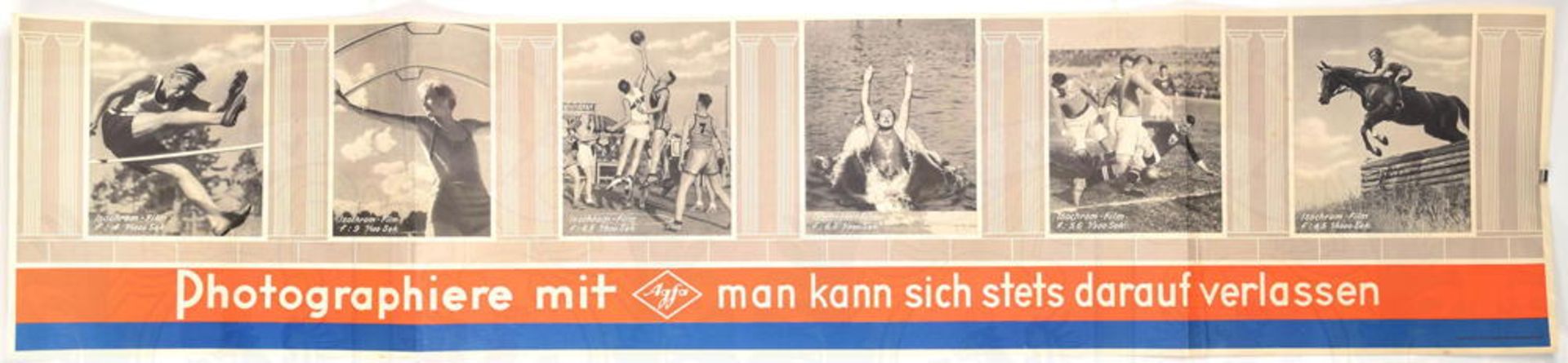 PLAKAT AGFA-SPORTSZENEN, m. 6 Sportszenen, 119x26,8cm, 2 Enden gefaltet, um 1936