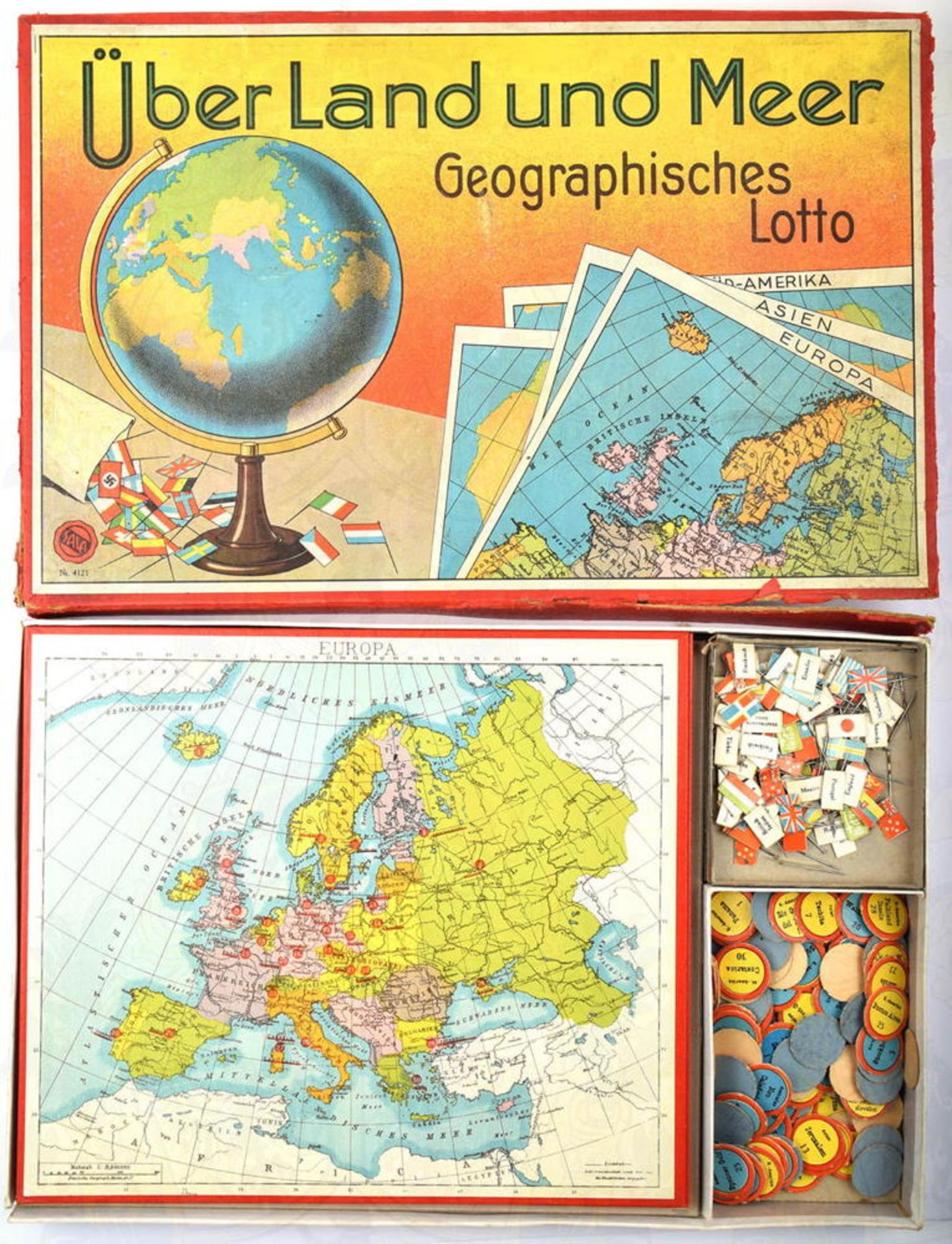 BRETTSPIEL „ÜBER LAND UND MEER - GEOGRAPHISCHES LOTTO“, Sala-Spiele/Rotsiegel, um 1936, 6 farbig bed