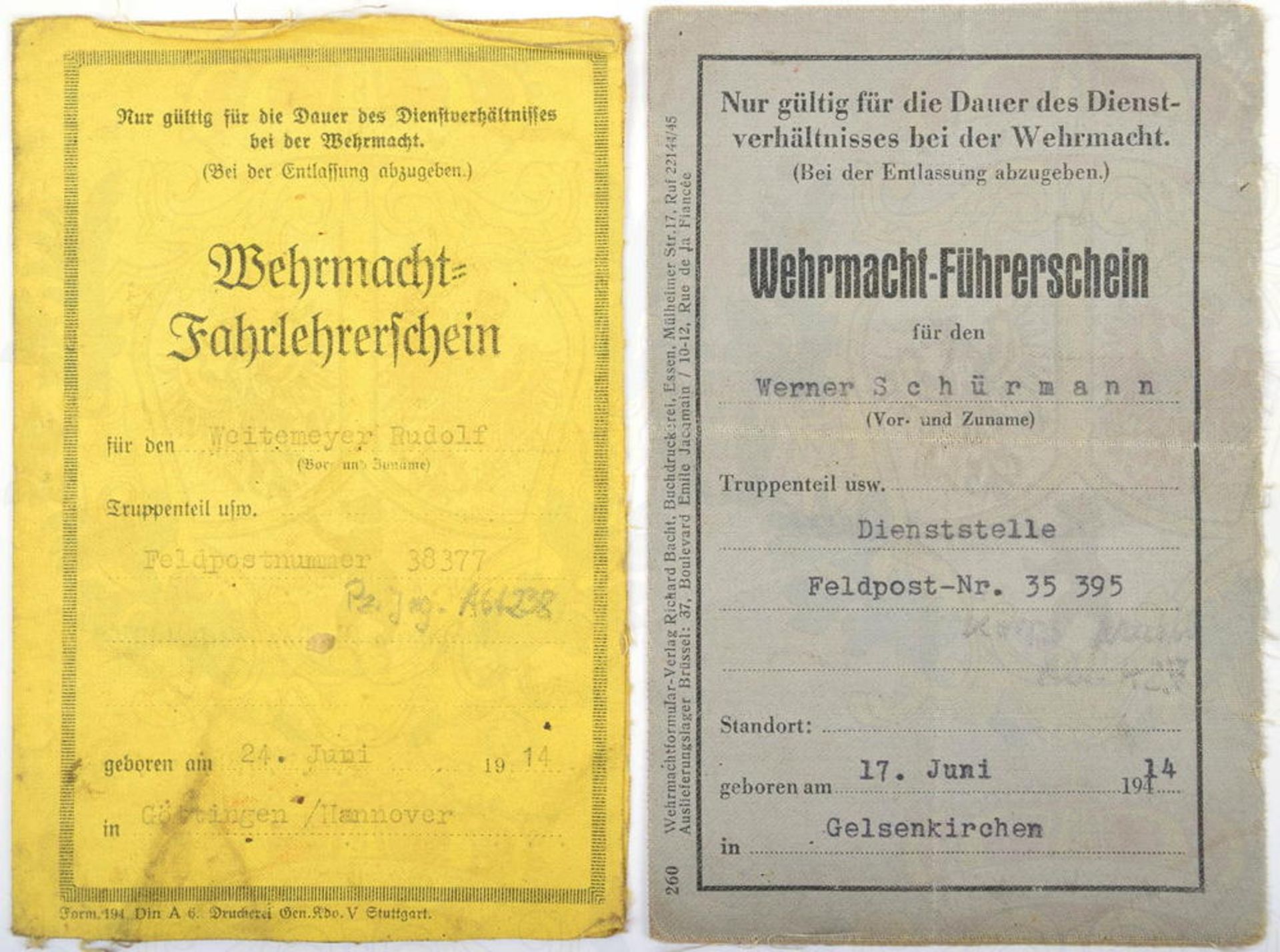 2 WEHRMACHT-FÜHRERSCHEINE, f. Angehörige d. Panzerjäger-Abt. 238 (167. I.D.) bzw. Korps-Nachrichten-