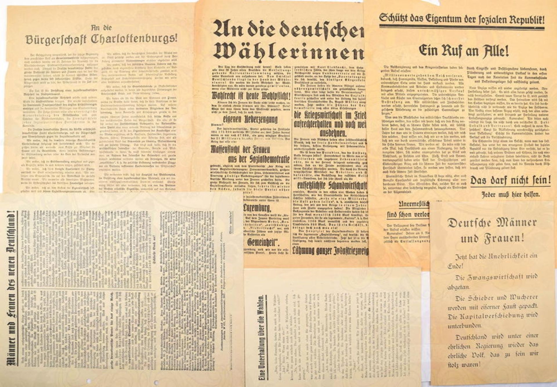 5 FLUGBLÄTTER 1919: Ablehnung der Sozialdemokratie u. der „polnischen Jüdin Rosa Luxemburg“; Aufruf 