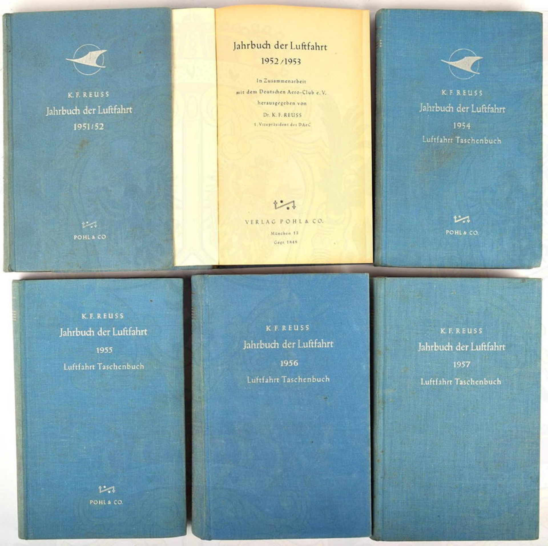 6 TITEL JAHRBUCH DER LUFTFAHRT, K. F. Reuss, Hamburg 1951-1957, Fotos, Tabellen, 1 Kalendarium