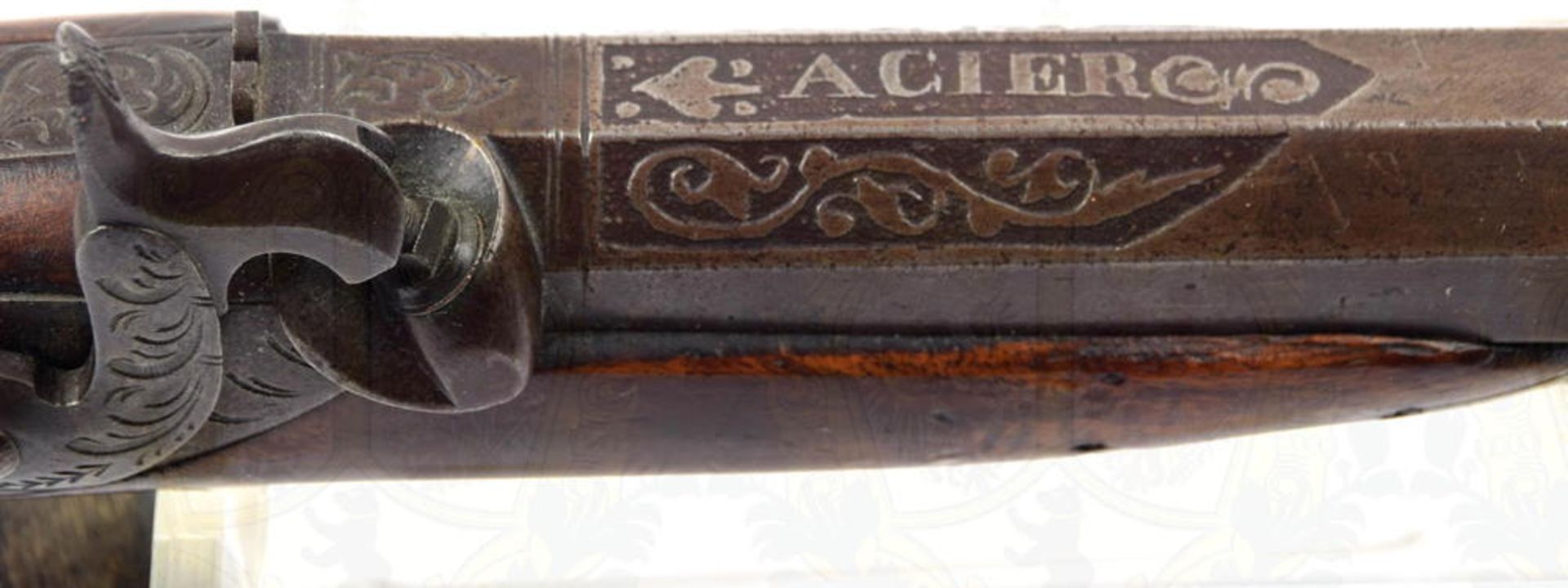 PERKUSSIONSPISTOLE UM 1840, Frankreich/Belgien, glatter Achtkantlauf, oberseitig bez. „Acier“, ca. K - Bild 4 aus 6