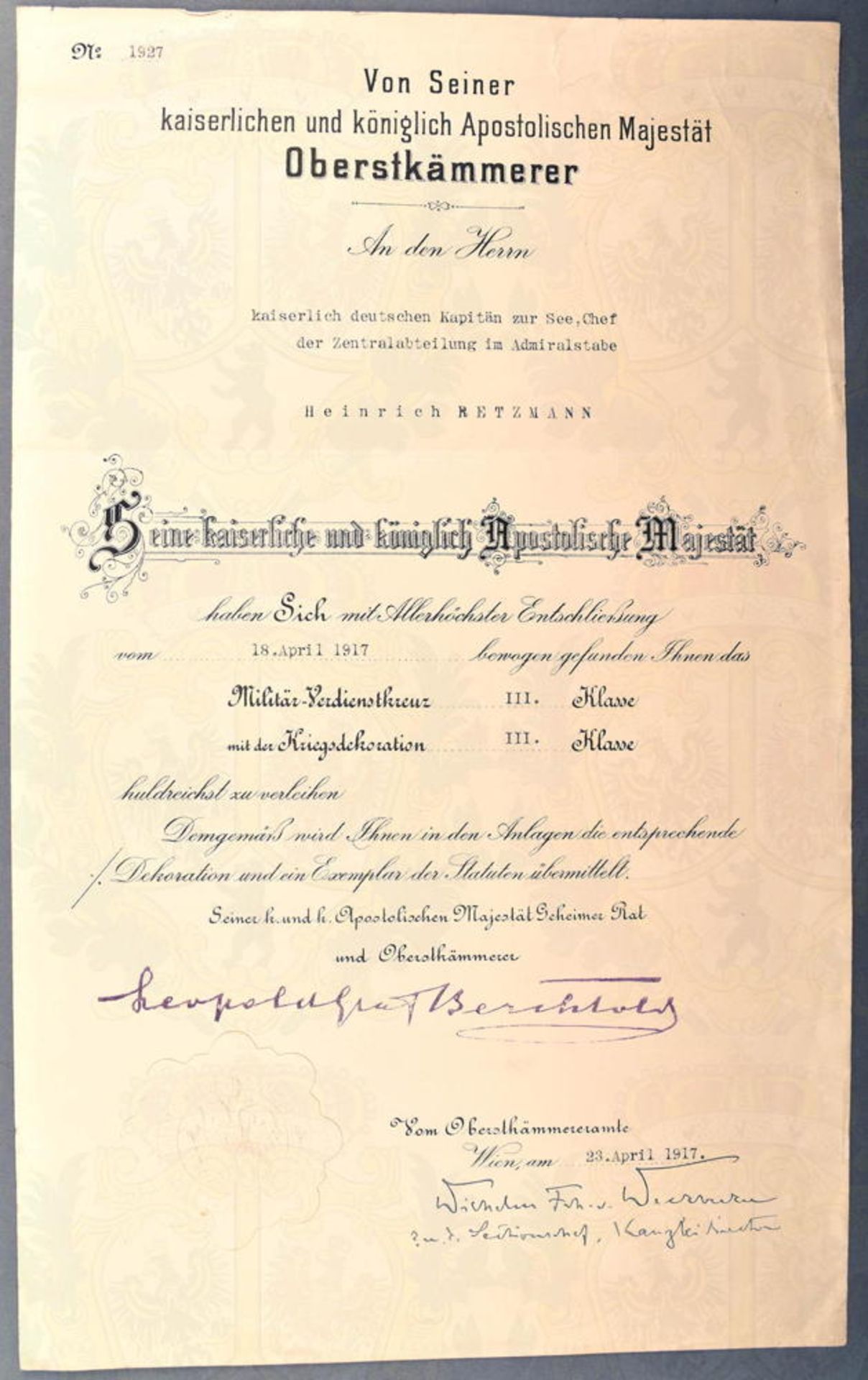 VERLEIHUNGSURKUNDE MILITÄRVERDIENSTKREUZ III. KLASSE