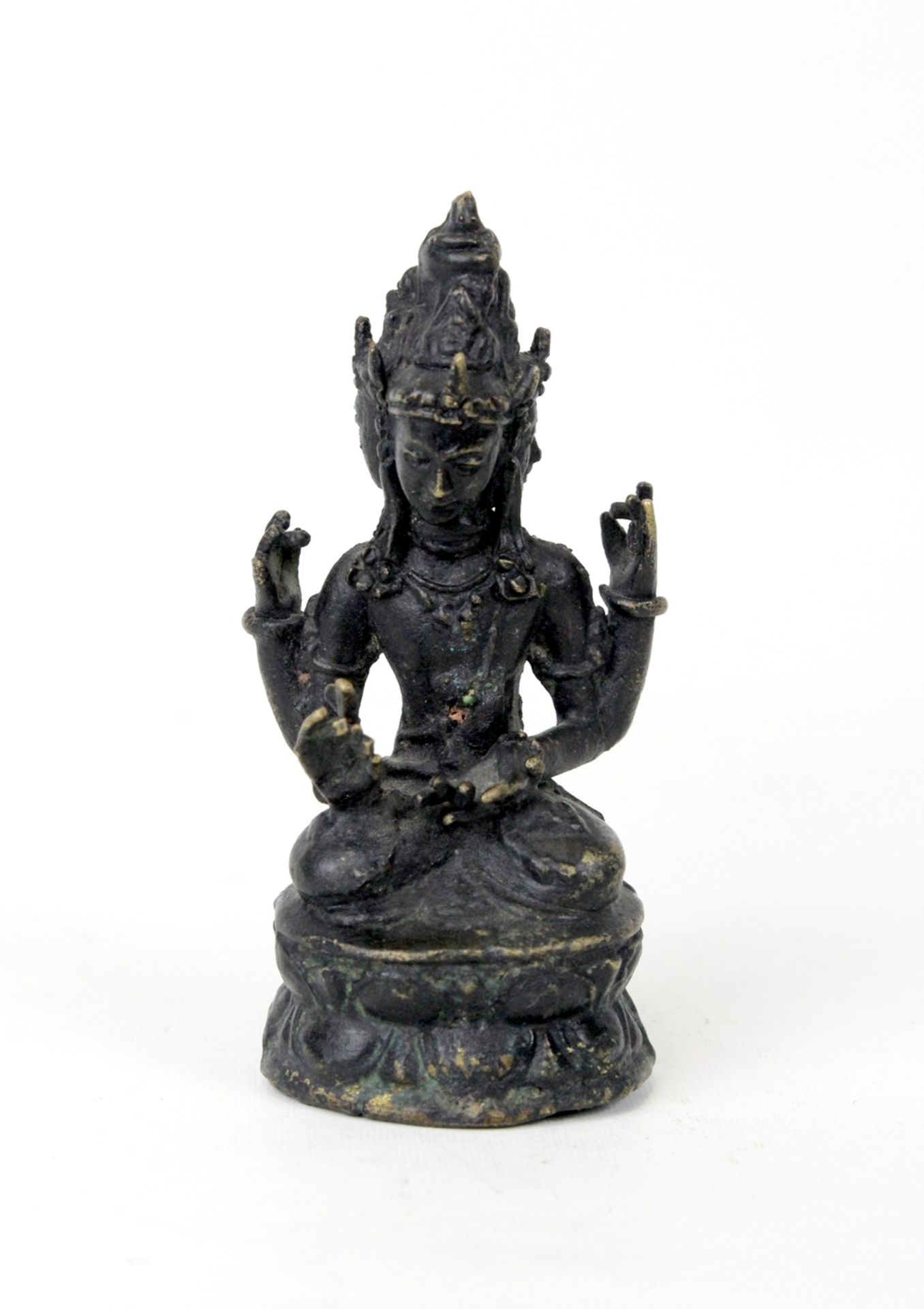 Tibet dreiköpfige sitzende Buddhafigur Bronze 19.Jhdt.
