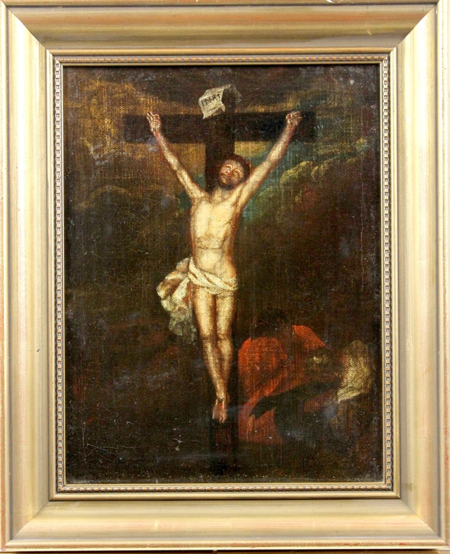 Süddeutscher Meister des 17.Jhdt. " Christus am Kreuze mit Johannes und Maria "