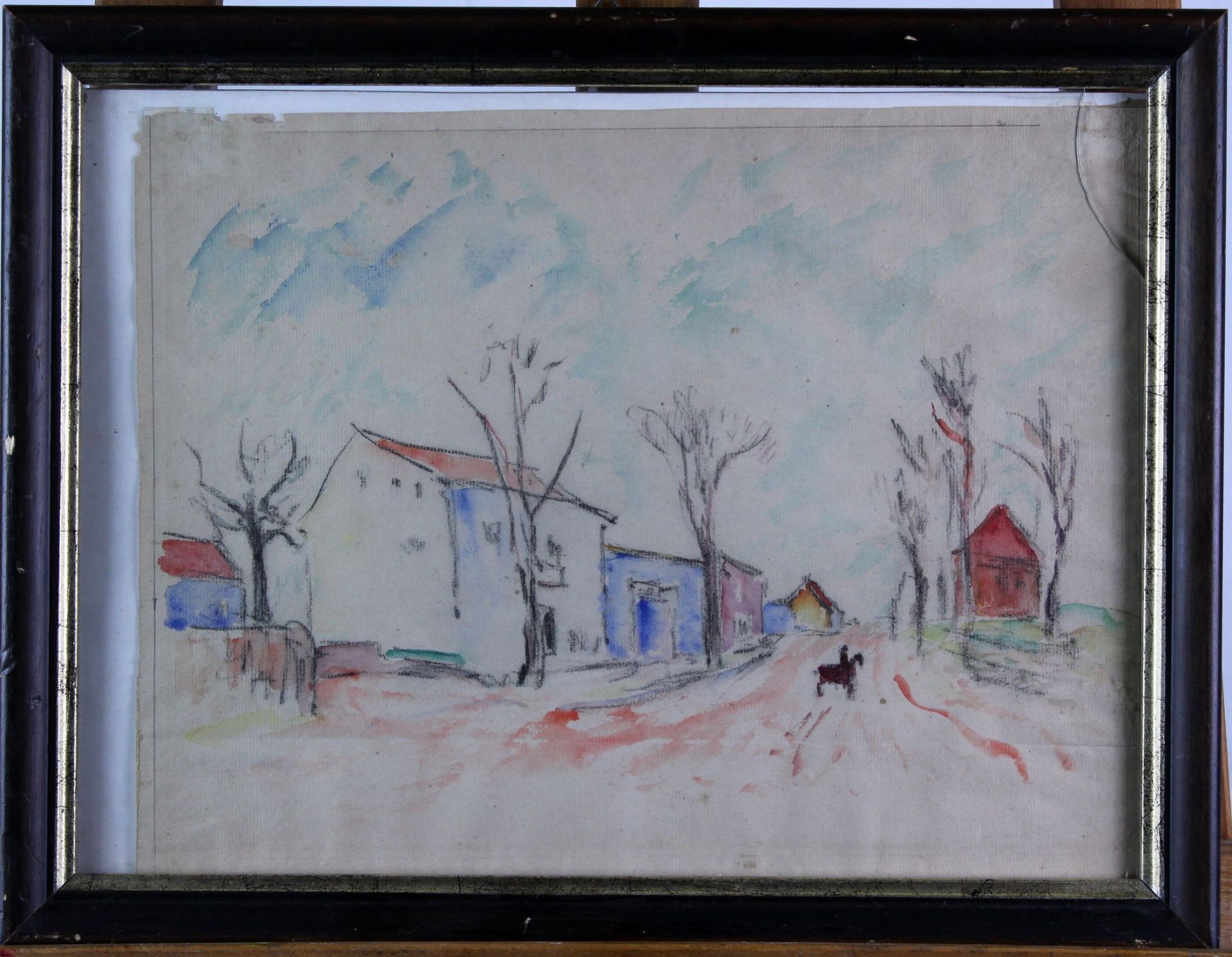 Deutscher Expressionist " rote Häuser " Aquarell über Kohle Maße: ca. 37 x 28,5