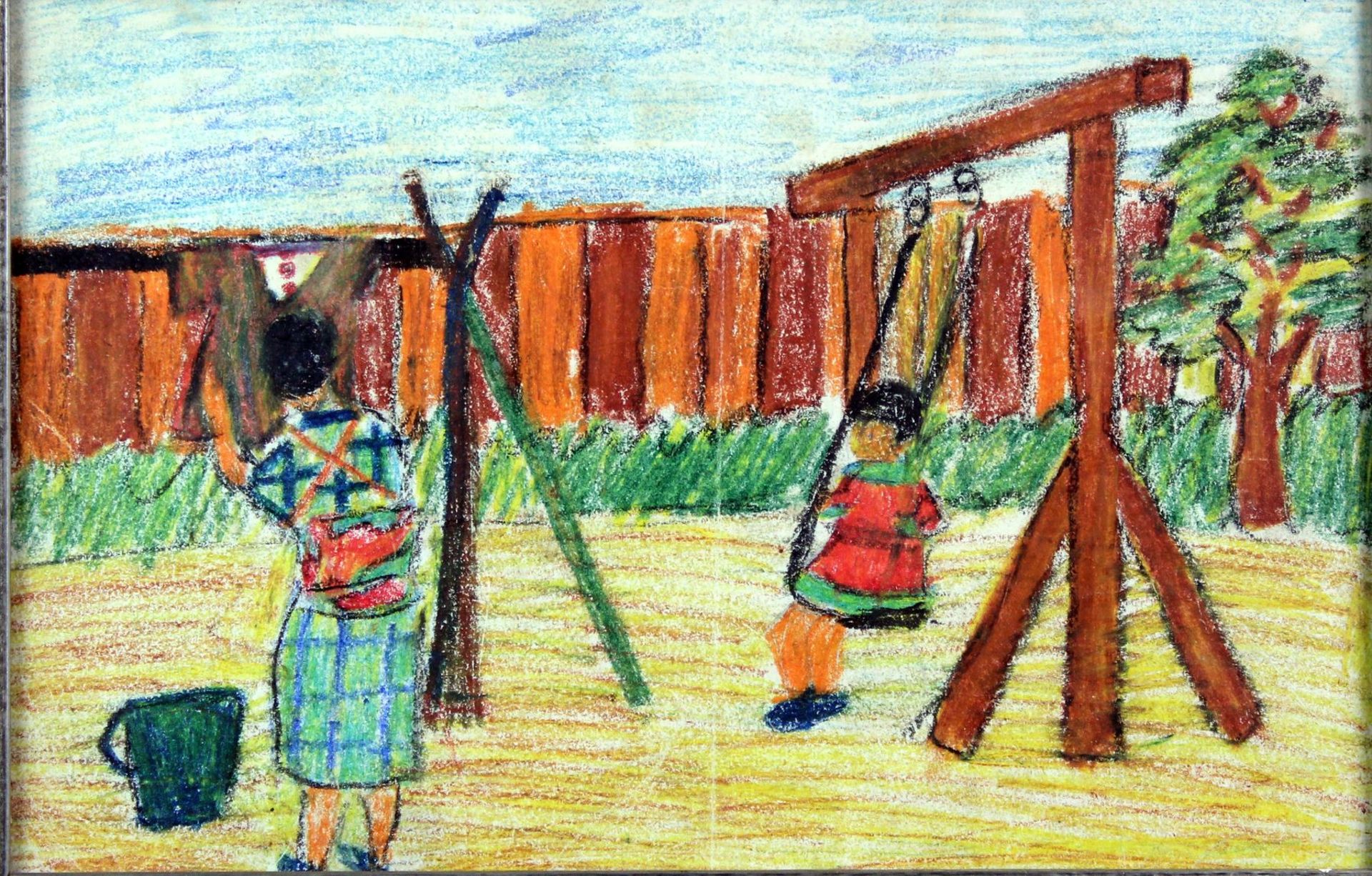 Expressionist " Auf dem Spielplatz " Fettkreide auf Papier Maße: ca. 18 x 28 cm < - Image 2 of 2