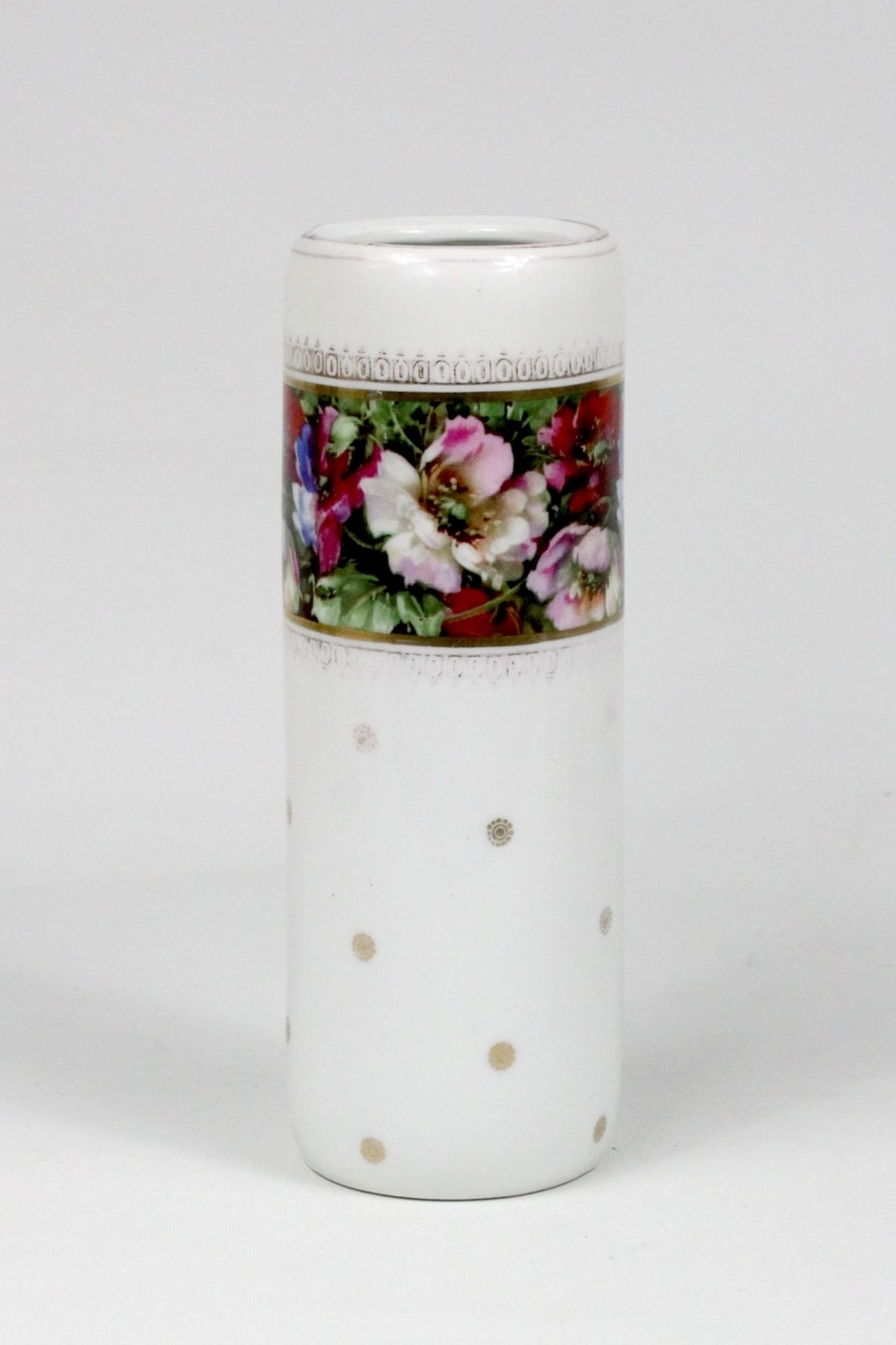 Porzellanstangenvase mit Blumendekor Bodenmarke und Nummerierung : 12774 Golddekor
