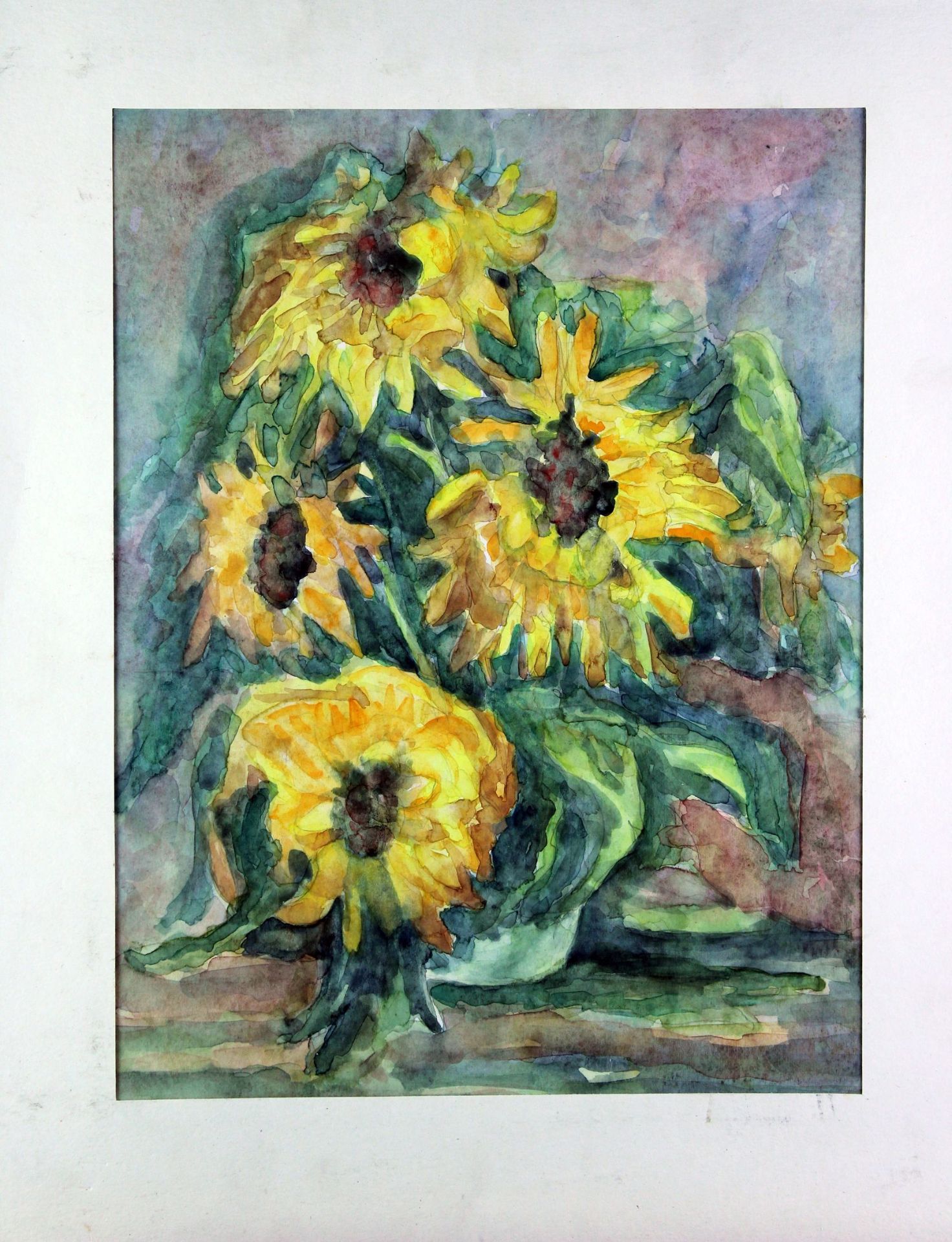 Unbekannter Künstler " Sonnenblumen " Aquarell auf Papier Im Passepartout gerahmt