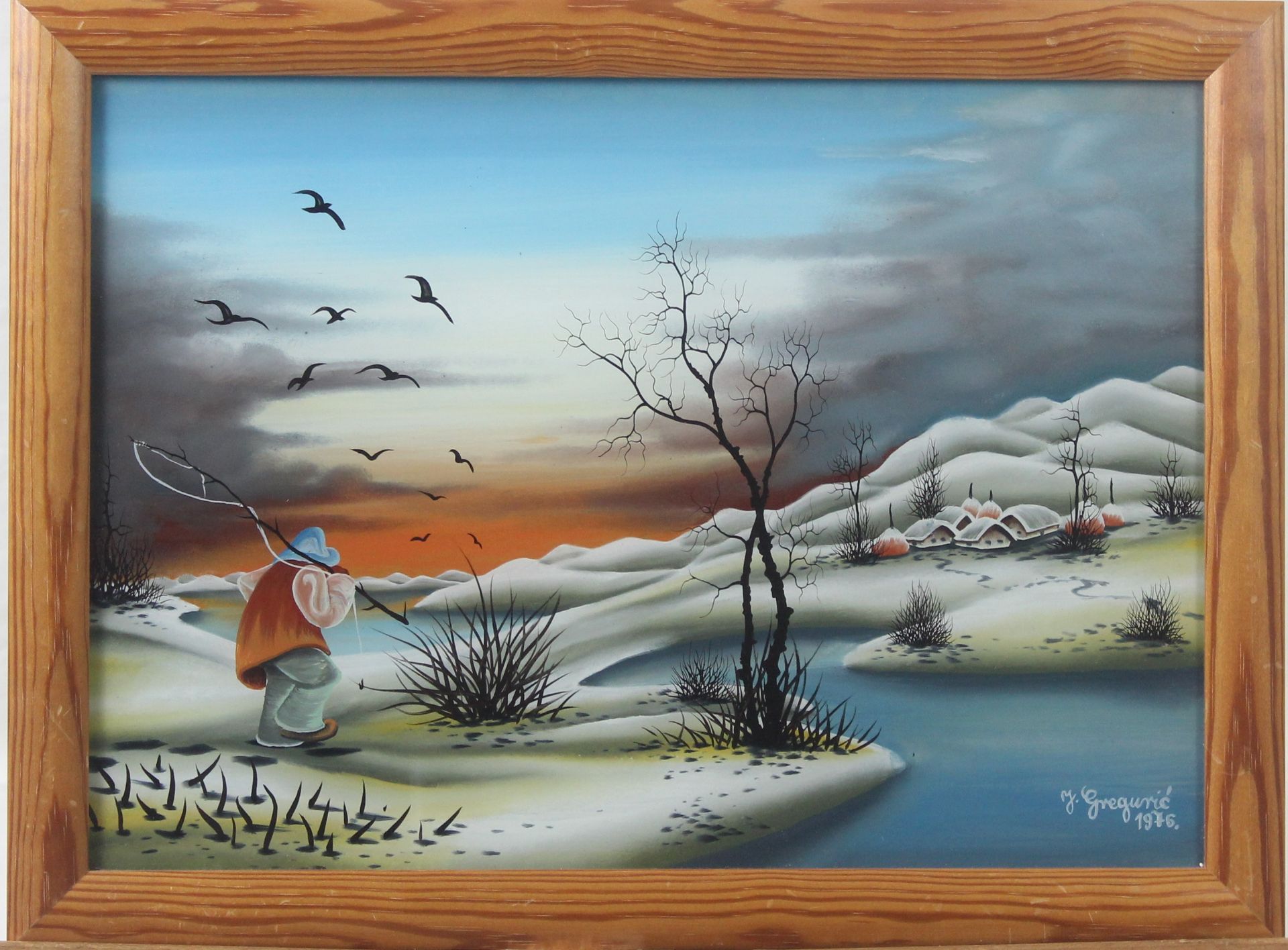 J. Greguric " Angler in Winterlandschaft " Hinterglasbild