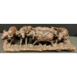 A carved fruitwood figure group, as a group of five Water Buffaloes standing, 14cm high, 59cm long